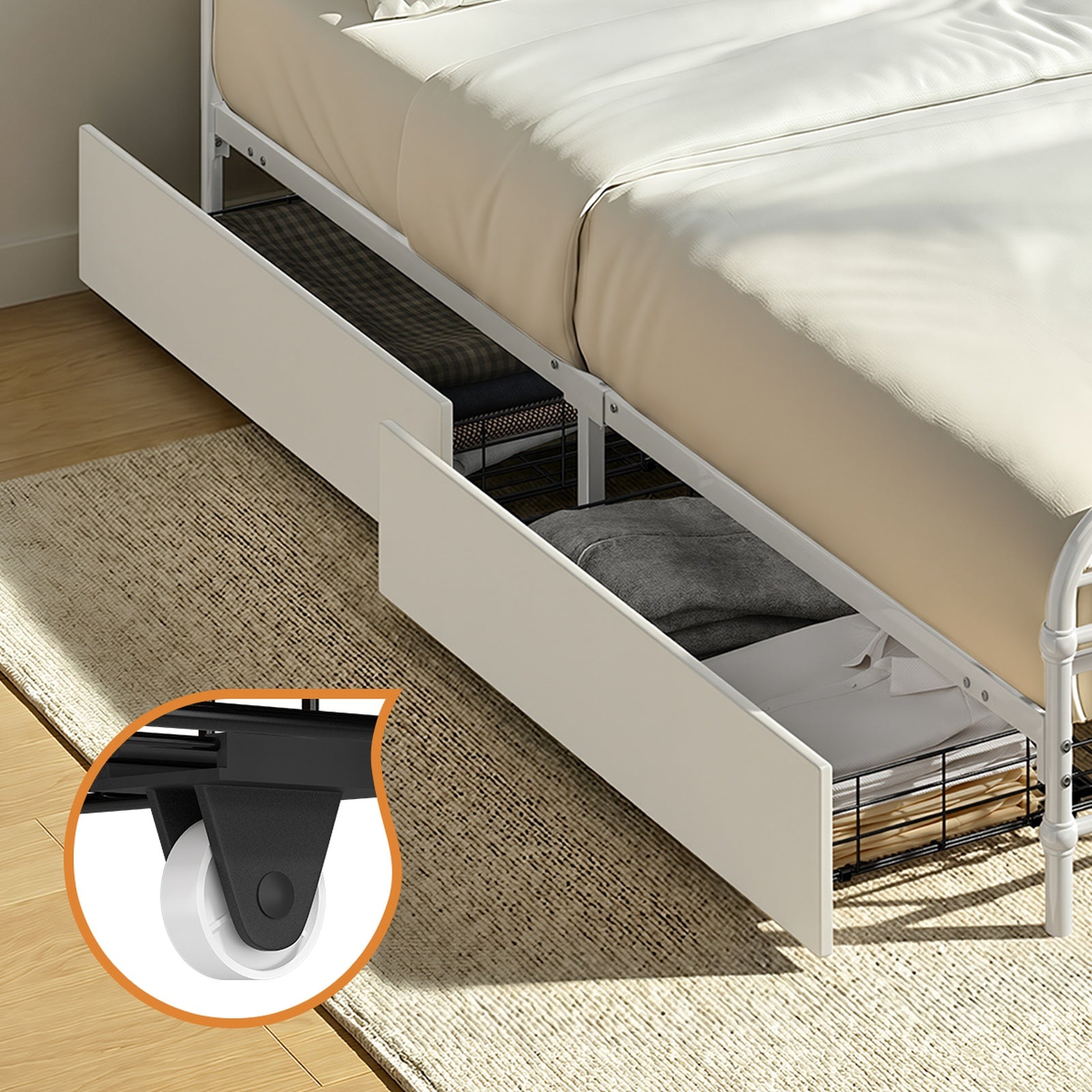Oikiture Metal Bed Frame Queen Size Bed Base with 4 Drawers White - Sunyee