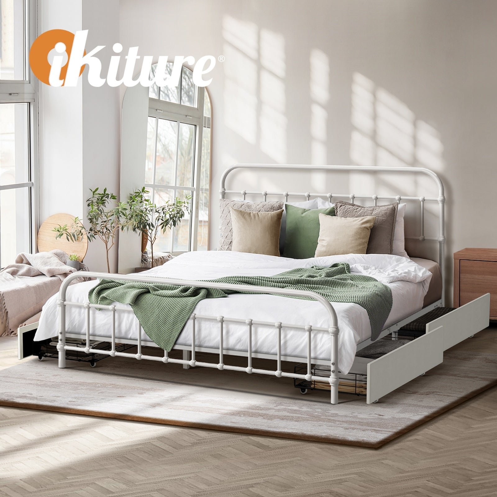 Oikiture Metal Bed Frame Queen Size Bed Base with 4 Drawers White - Sunyee