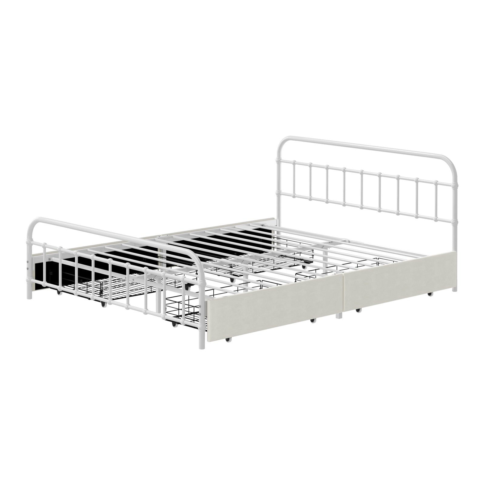 Oikiture Metal Bed Frame Queen Size Bed Base with 4 Drawers White - Sunyee