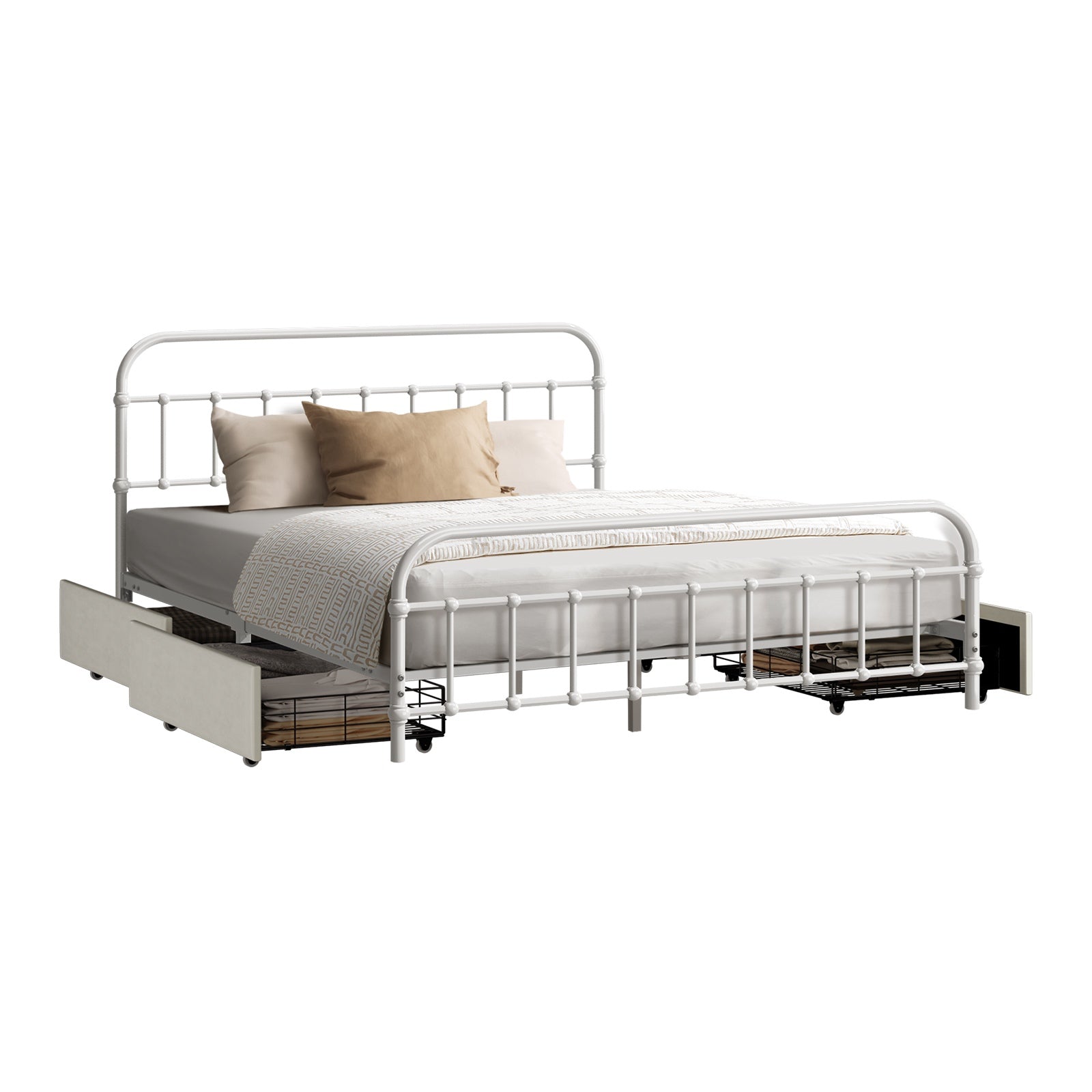 Oikiture Metal Bed Frame Queen Size Bed Base with 4 Drawers White - Sunyee