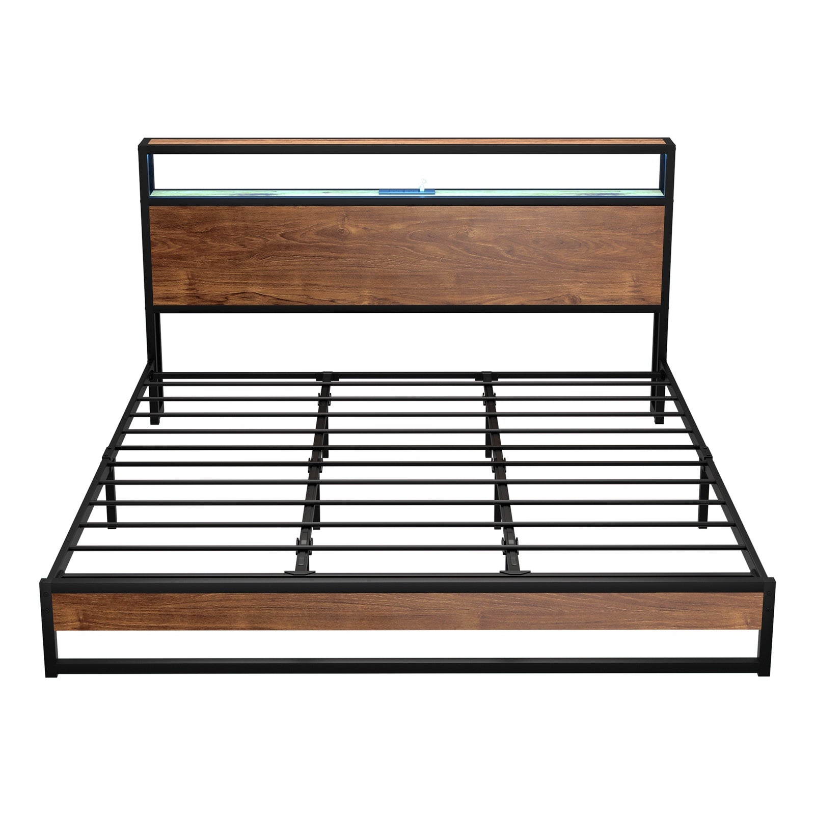 Oikiture Metal Bed Frame King Size LED Light Storage Headboard USB Charge