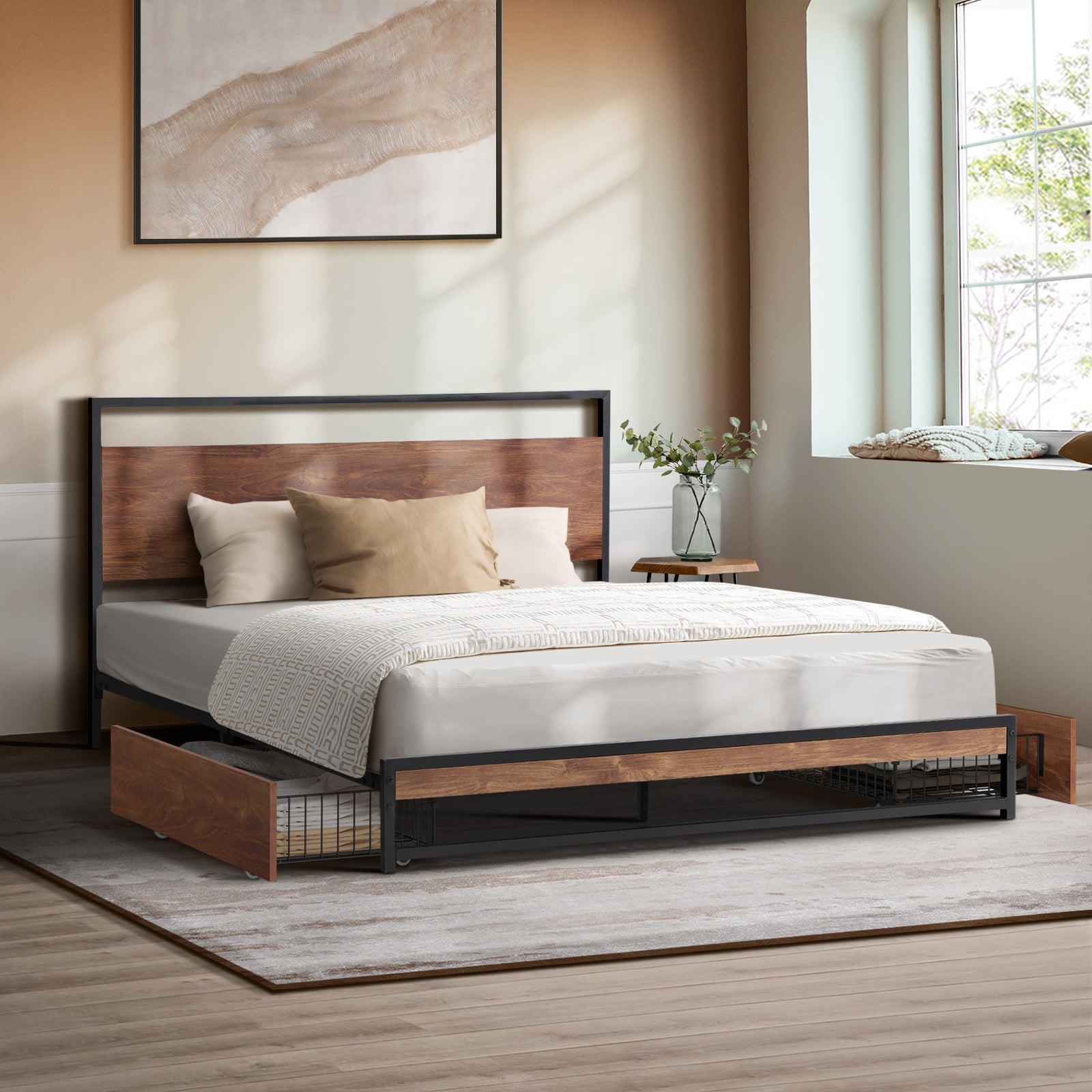 Oikiture Metal Bed Frame Double Size Beds Base Platform with 2 Drawers Black