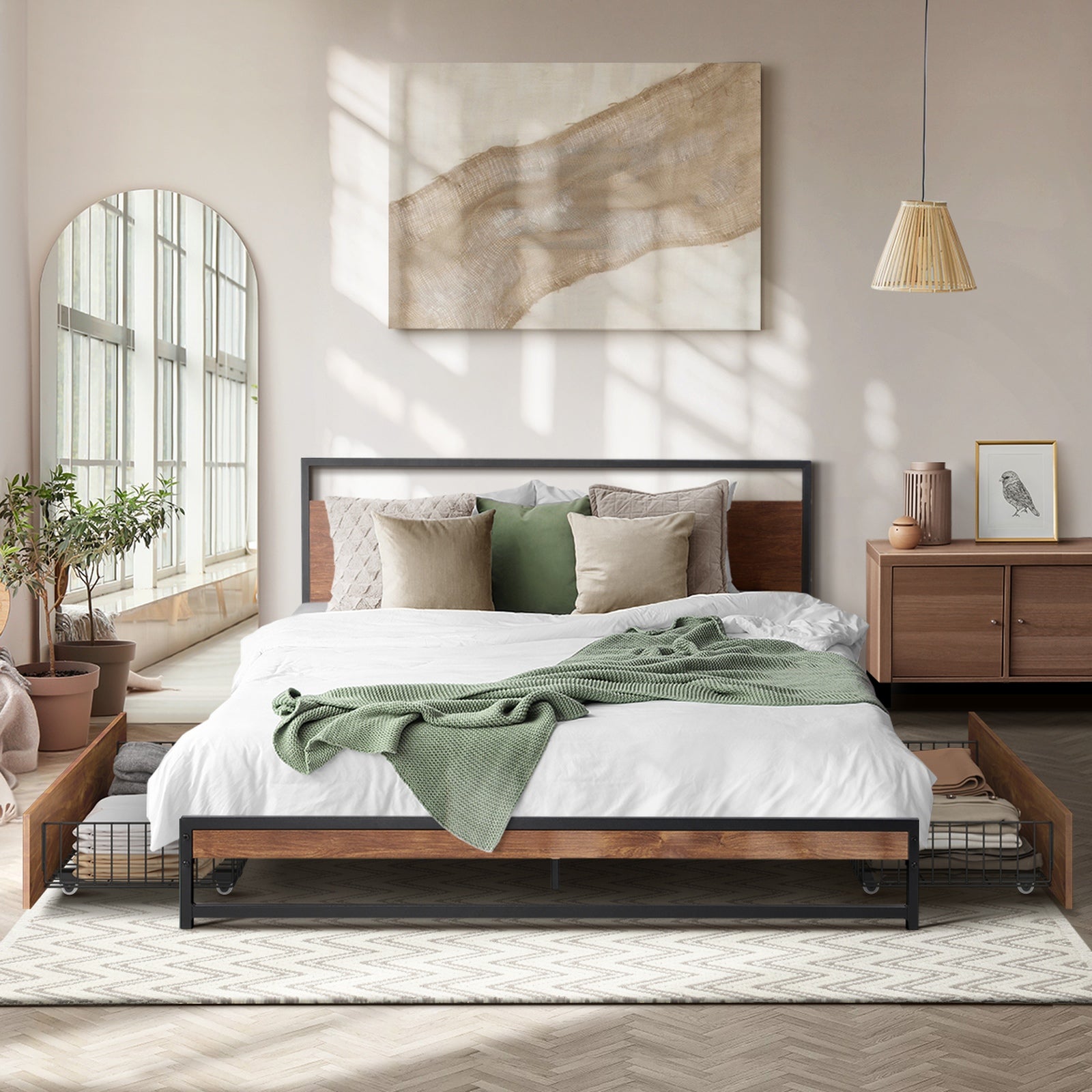 Oikiture Metal Bed Frame Double Size Beds Base Platform with 2 Drawers Black
