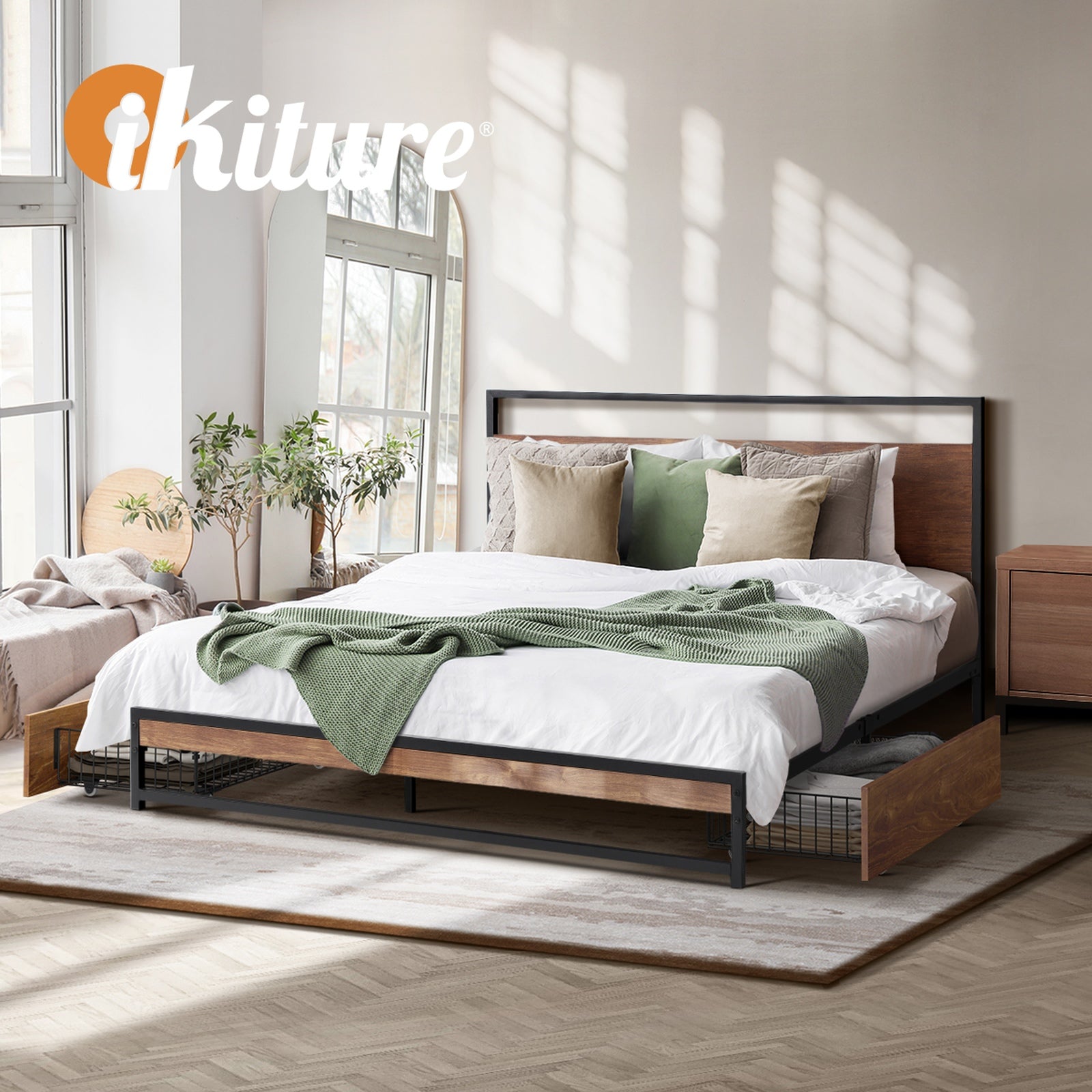 Oikiture Metal Bed Frame Double Size Beds Base Platform with 2 Drawers Black