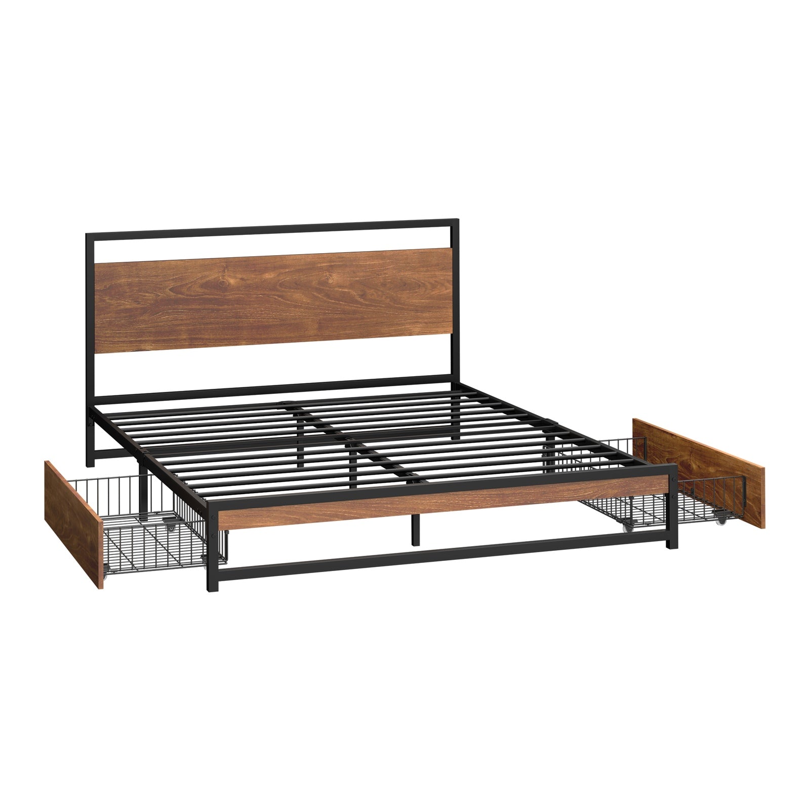 Oikiture Metal Bed Frame Double Size Beds Base Platform with 2 Drawers Black