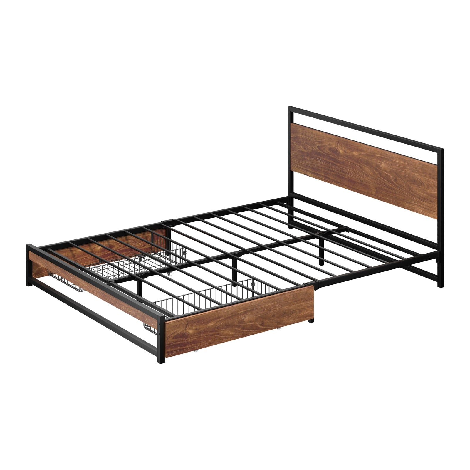 Oikiture Metal Bed Frame Double Size Beds Base Platform with 2 Drawers Black