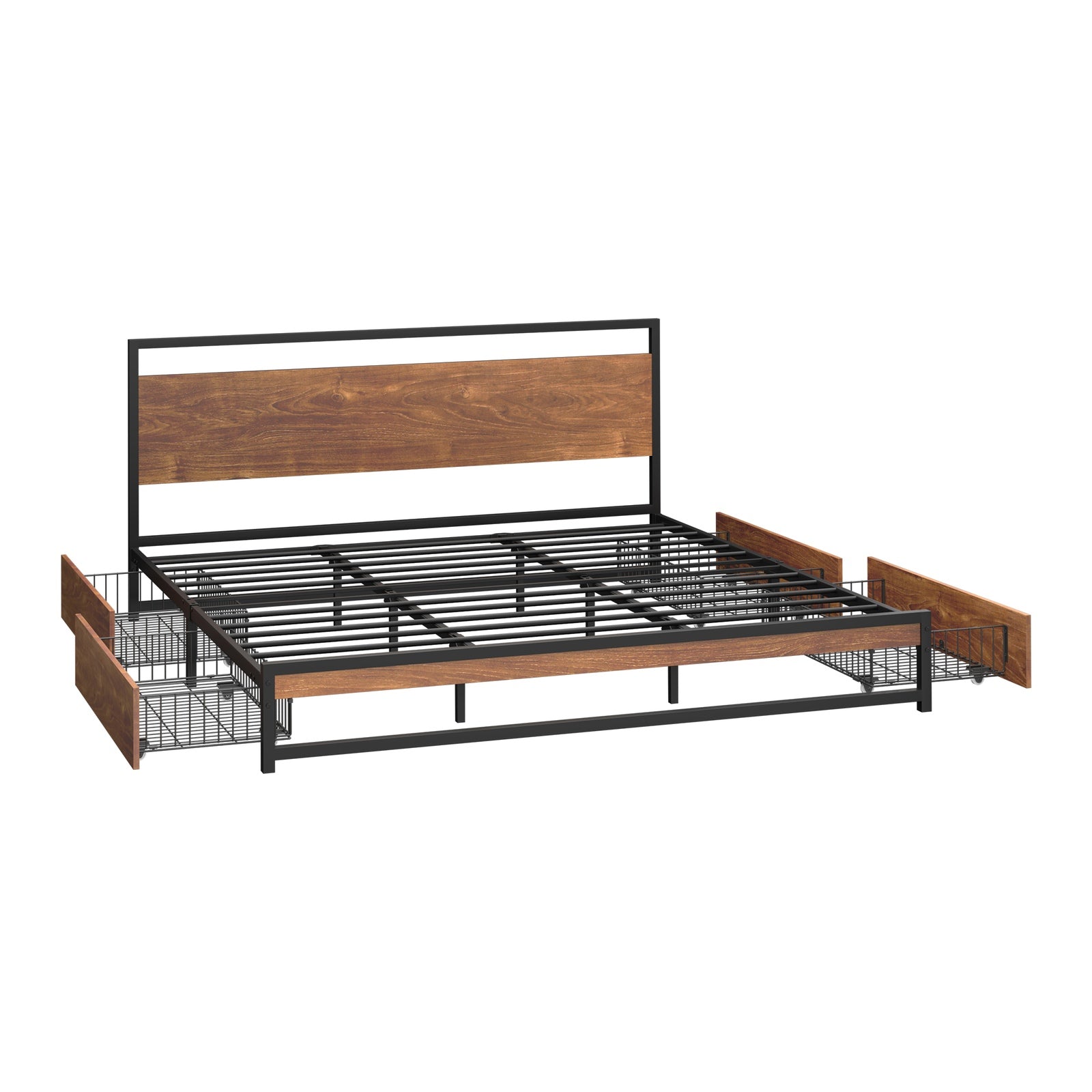 Oikiture Metal Bed Frame King Size Beds Base Platform with 4 Drawers Black - Sunyee