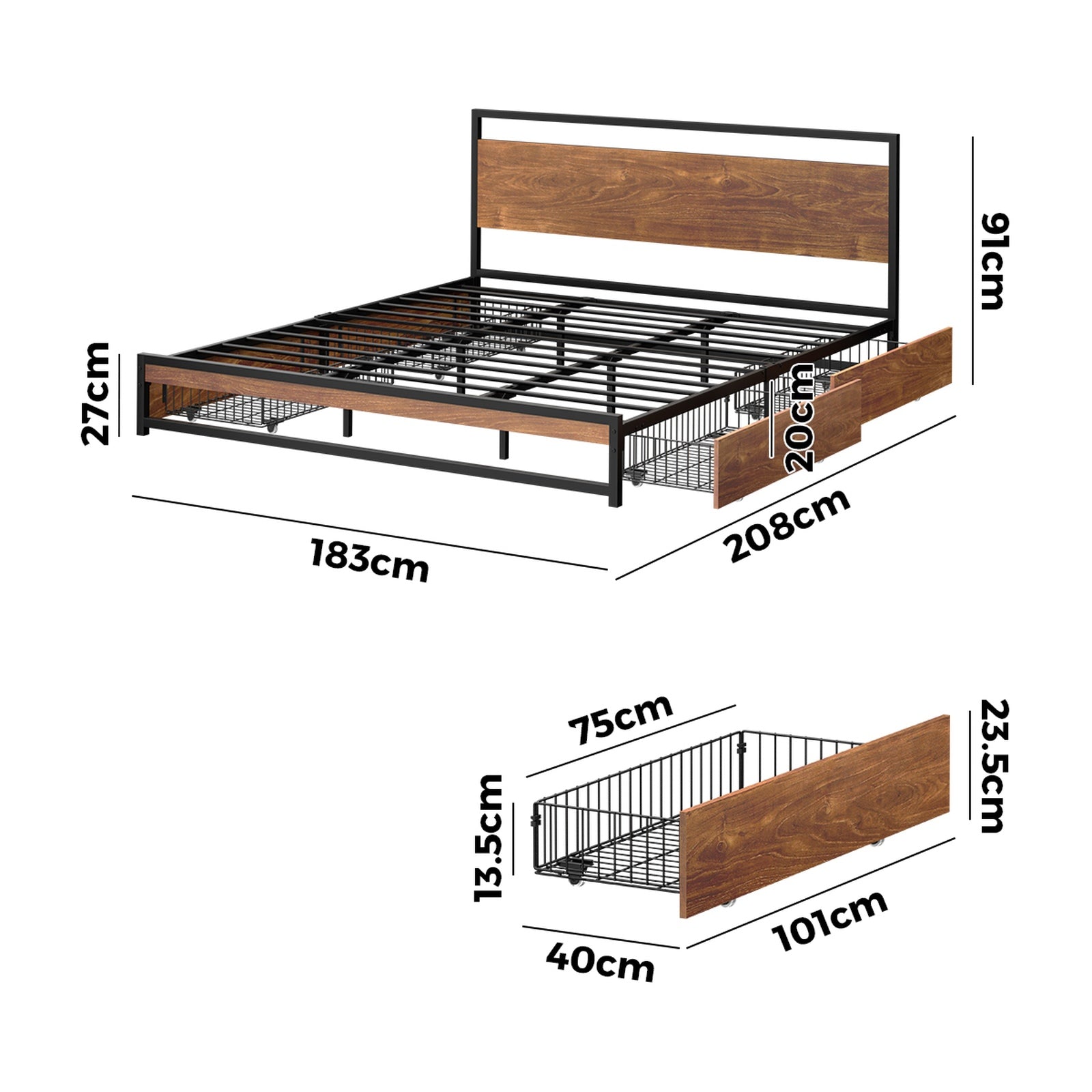 Oikiture Metal Bed Frame King Size Beds Base Platform with 4 Drawers Black - Sunyee