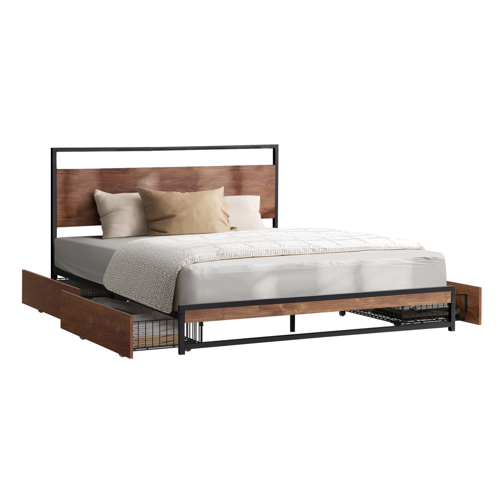 Oikiture Metal Bed Frame King Size Beds Base Platform with 4 Drawers Black - Sunyee