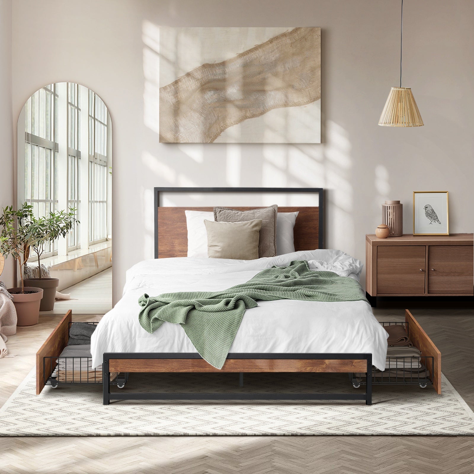 Oikiture Metal Bed Frame King Single Beds Base Platform with 2 Drawers Black - Sunyee