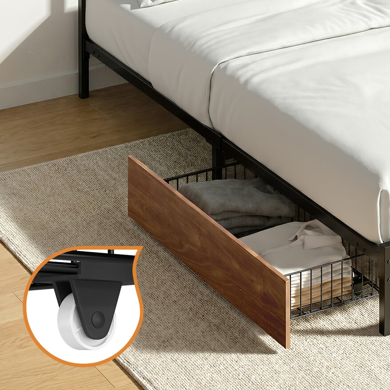 Oikiture Metal Bed Frame King Single Beds Base Platform with 2 Drawers Black - Sunyee