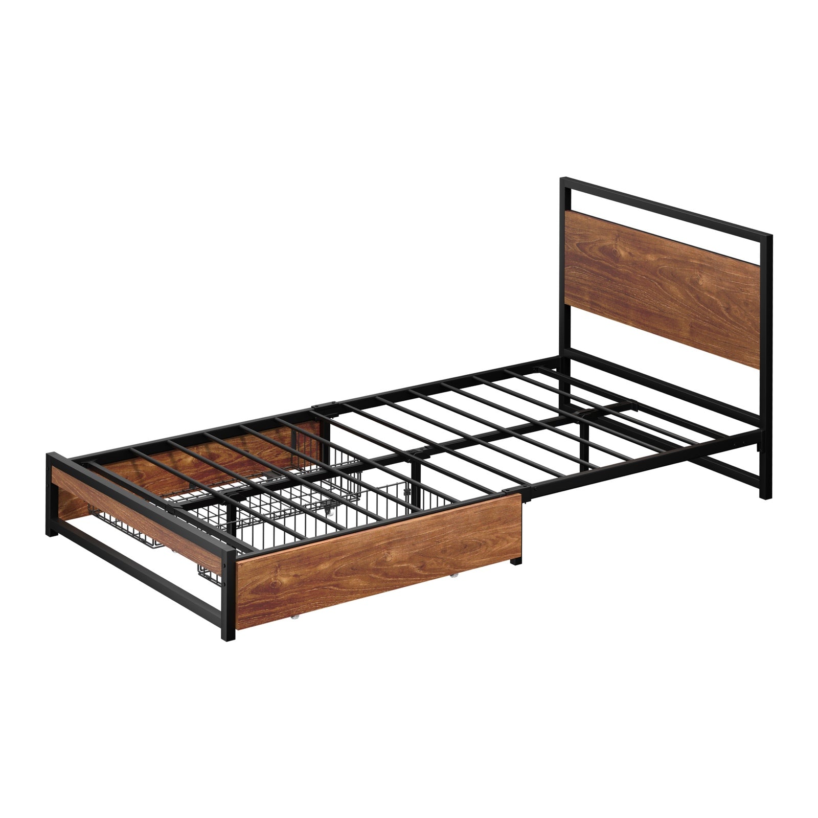 Oikiture Metal Bed Frame King Single Beds Base Platform with 2 Drawers Black - Sunyee