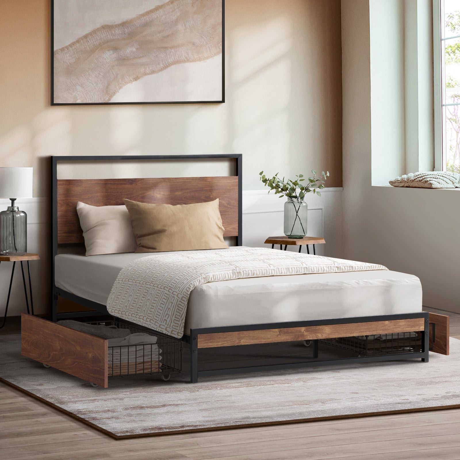 Oikiture Metal Bed Frame Single Size Beds Base Platform with 2 Drawers Black - Sunyee