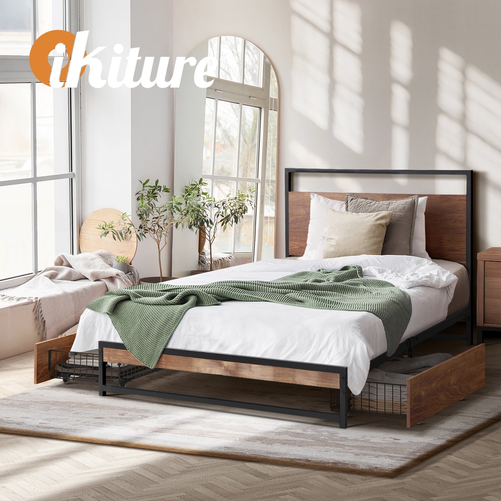 Oikiture Metal Bed Frame Single Size Beds Base Platform with 2 Drawers Black - Sunyee