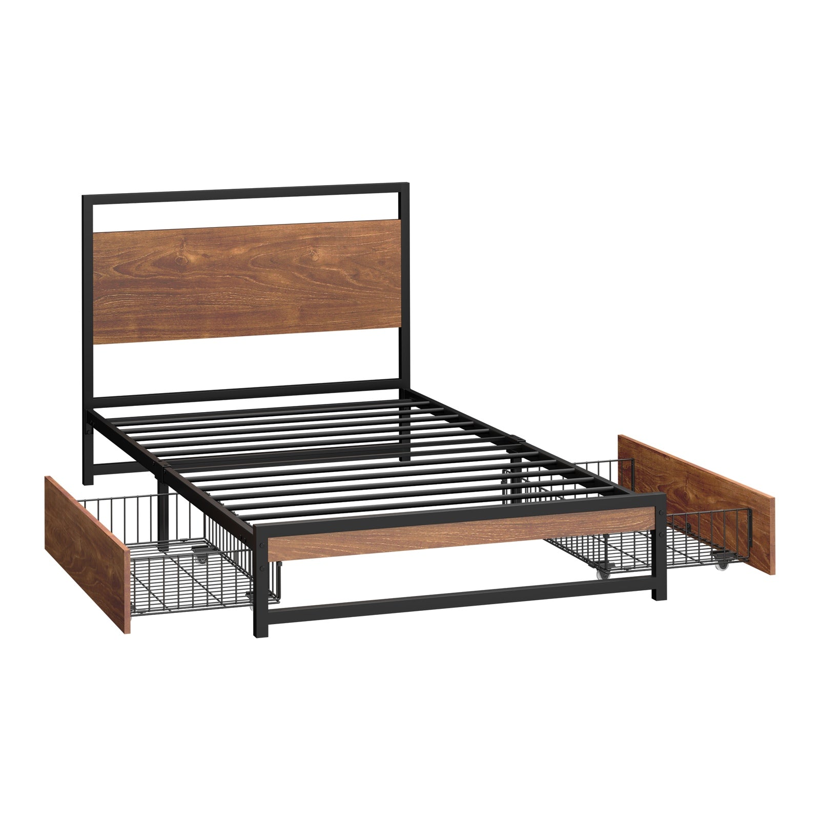 Oikiture Metal Bed Frame Single Size Beds Base Platform with 2 Drawers Black - Sunyee