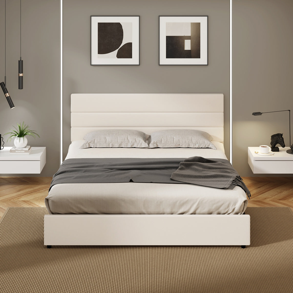 Oikiture Bed Frame King Size Platform Beds with Upholstered Headboard Beige