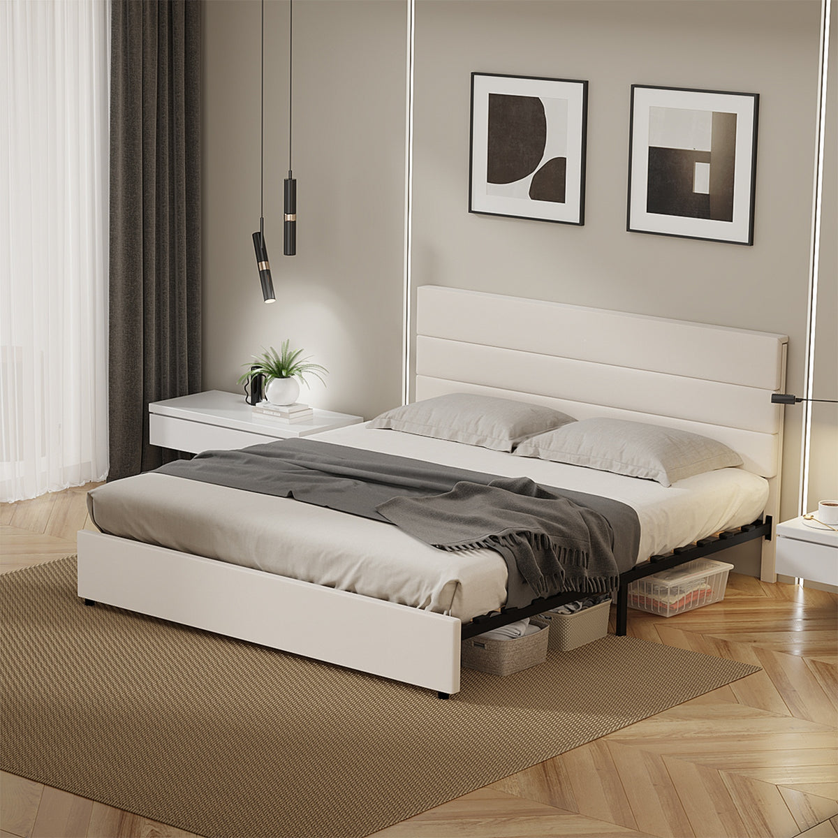 Oikiture Bed Frame King Size Platform Beds with Upholstered Headboard Beige