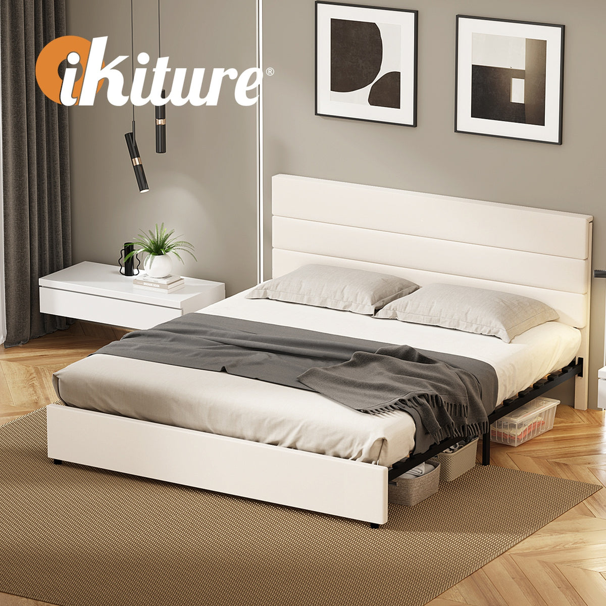 Oikiture Bed Frame King Size Platform Beds with Upholstered Headboard Beige