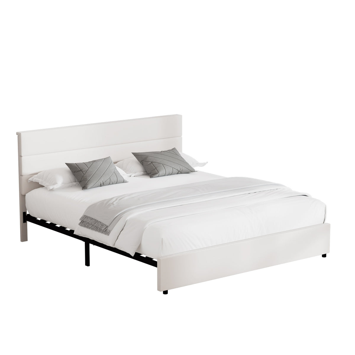 Oikiture Bed Frame King Size Platform Beds with Upholstered Headboard Beige