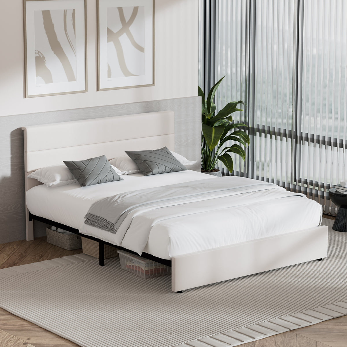 Oikiture Bed Frame Queen Size Platform Beds with Upholstered Headboard Beige