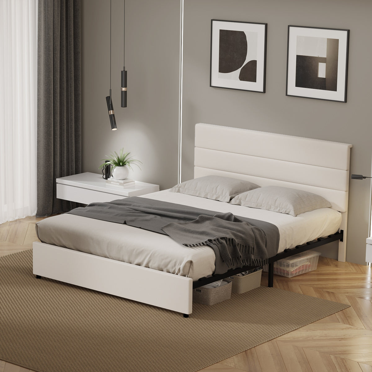 Oikiture Bed Frame Queen Size Platform Beds with Upholstered Headboard Beige