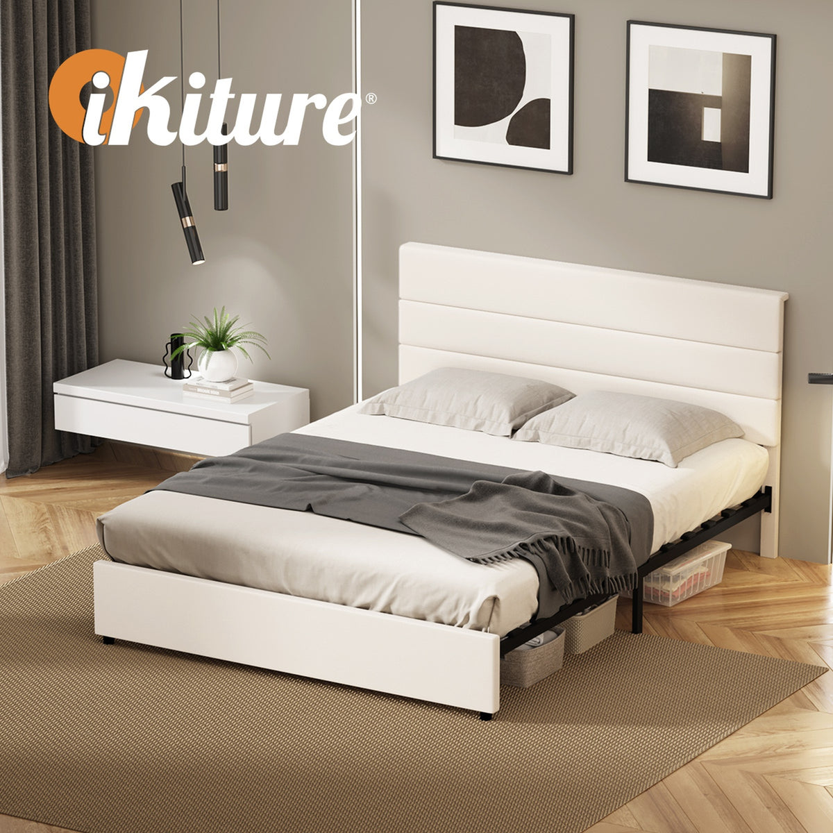 Oikiture Bed Frame Queen Size Platform Beds with Upholstered Headboard Beige