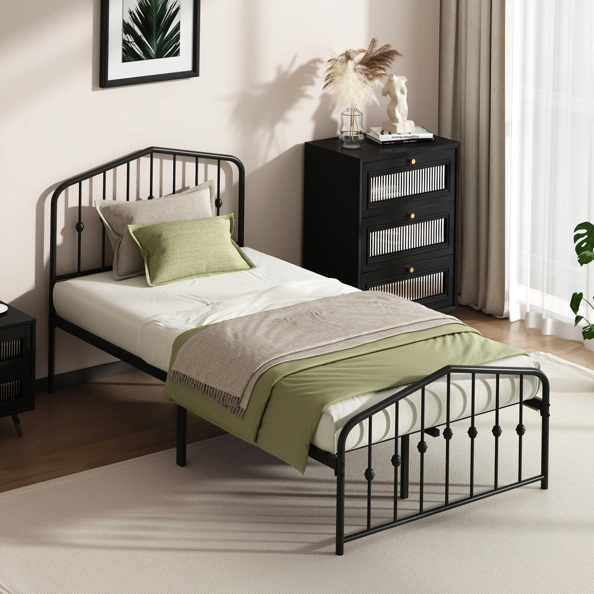 Oikiture King Single Metal Bed Frame Headboard Footboard Platform Bed Base Black