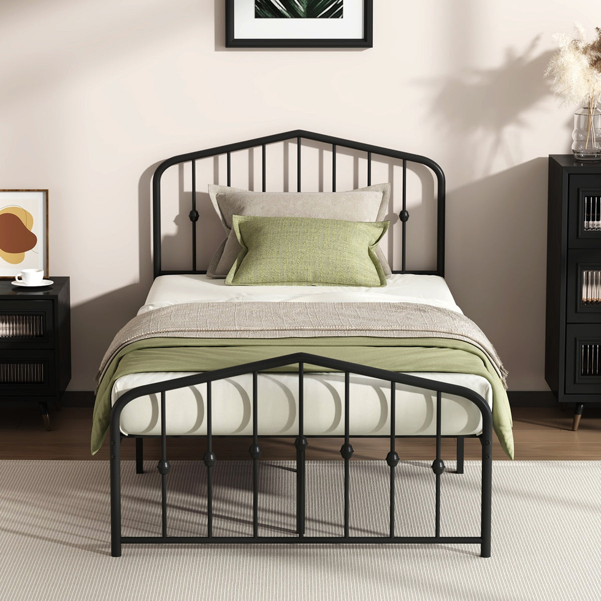 Oikiture King Single Metal Bed Frame Headboard Footboard Platform Bed Base Black