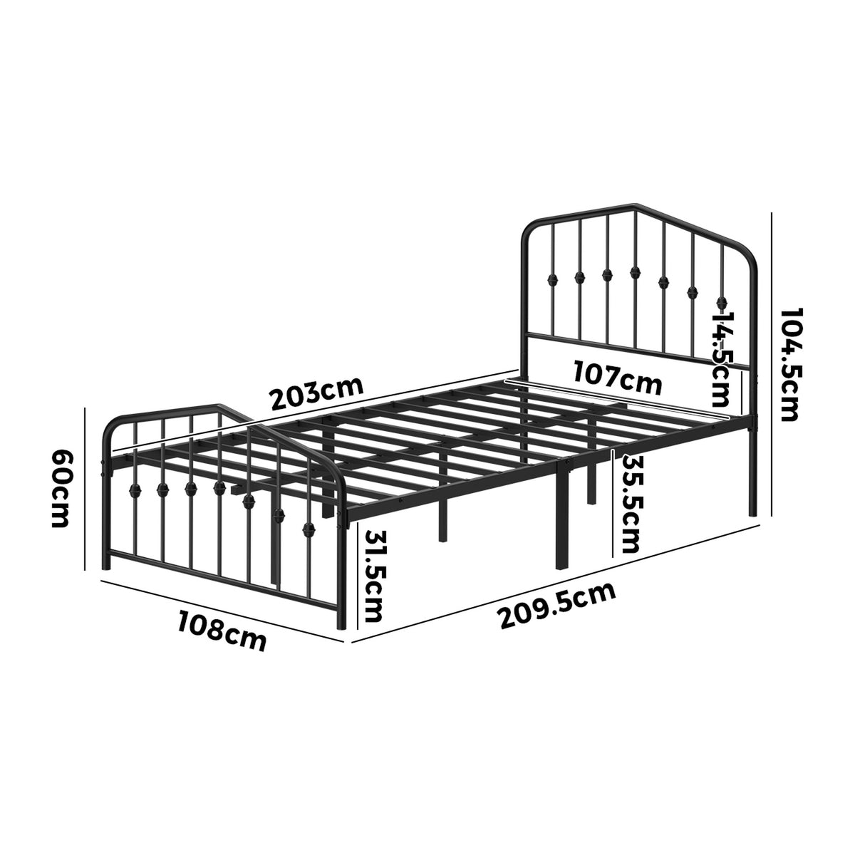 Oikiture King Single Metal Bed Frame Headboard Footboard Platform Bed Base Black
