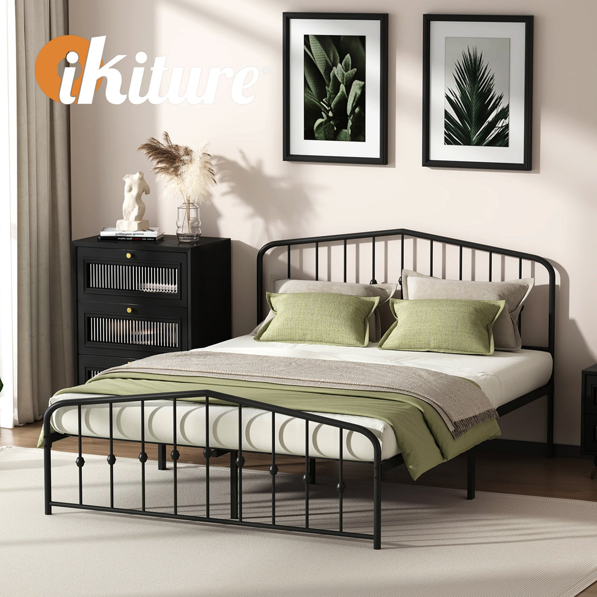 Oikiture Queen Metal Bed Frame with Headboard Footboard Platform Bed Base Black