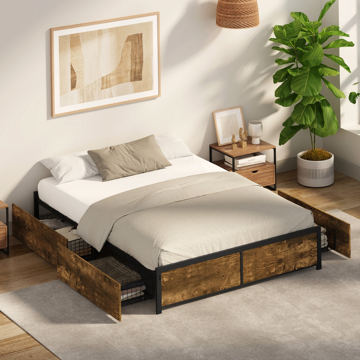 Oikiture Double Metal Bed Frame with 4 Storage Drawers Platform Bed Base