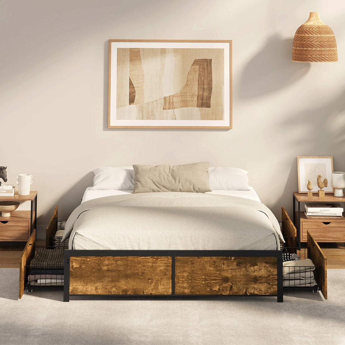 Oikiture Double Metal Bed Frame with 4 Storage Drawers Platform Bed Base