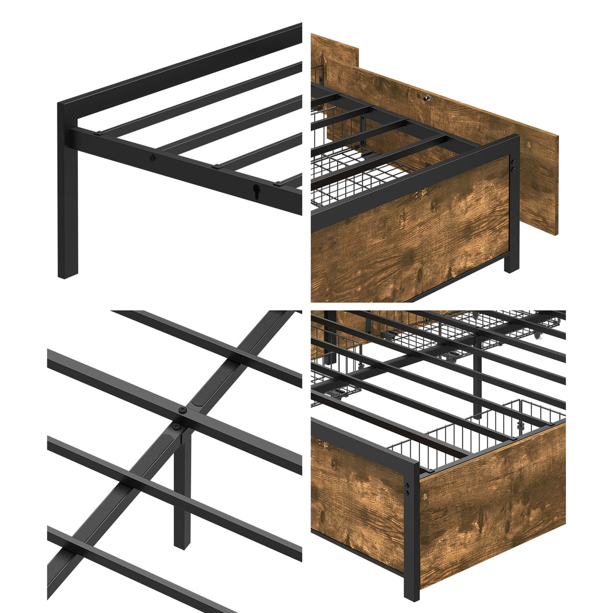 Oikiture Double Metal Bed Frame with 4 Storage Drawers Platform Bed Base