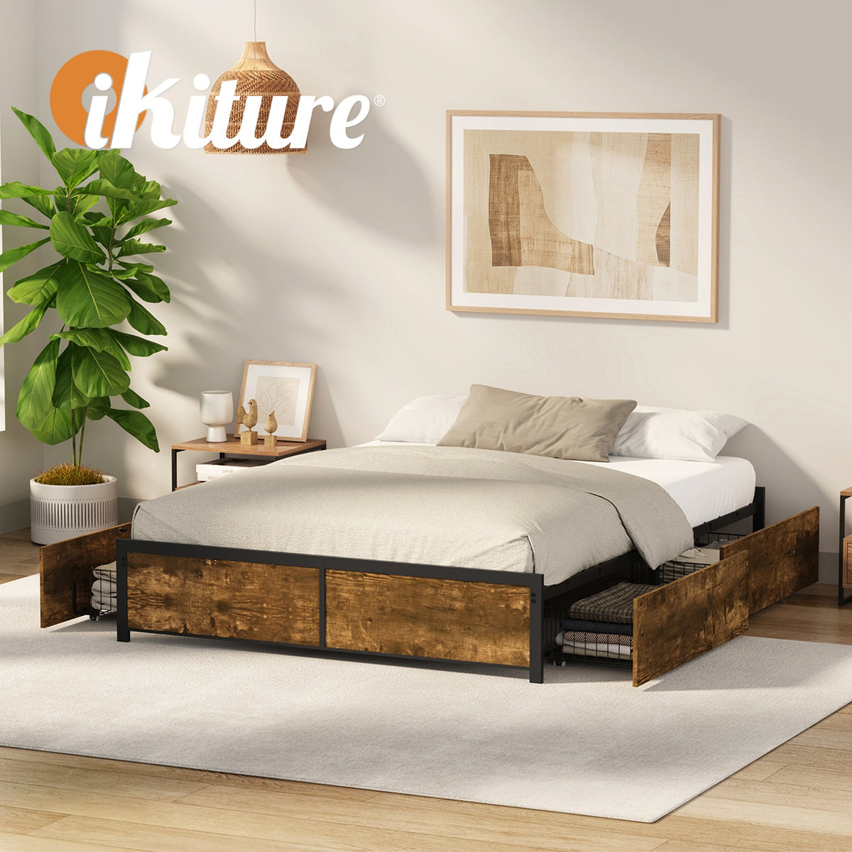 Oikiture Double Metal Bed Frame with 4 Storage Drawers Platform Bed Base