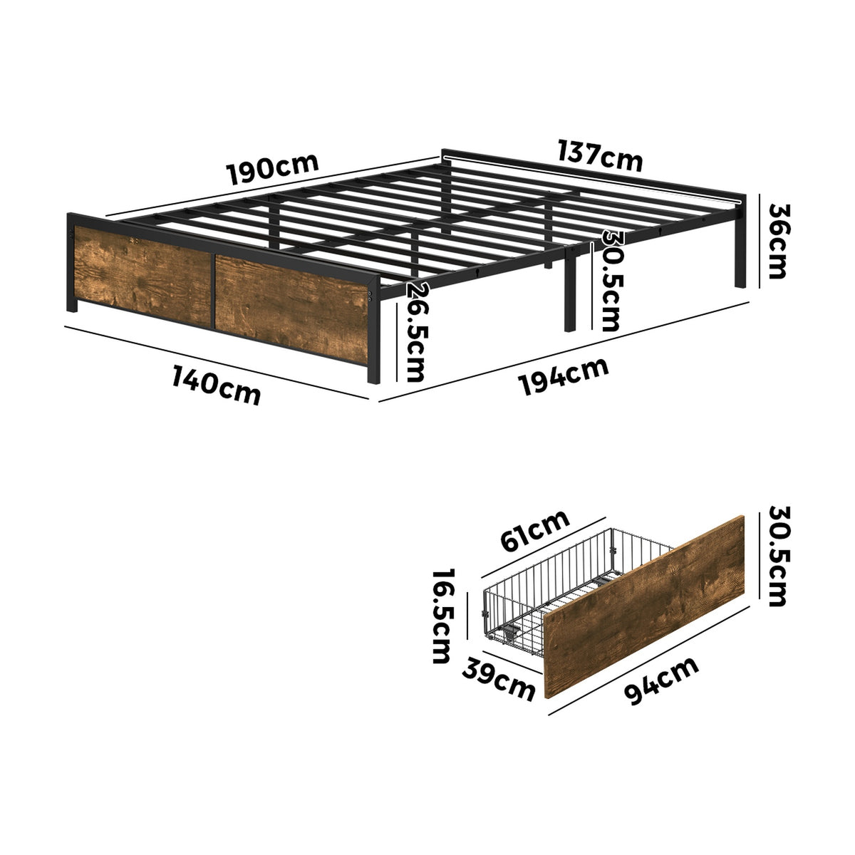 Oikiture Double Metal Bed Frame with 4 Storage Drawers Platform Bed Base