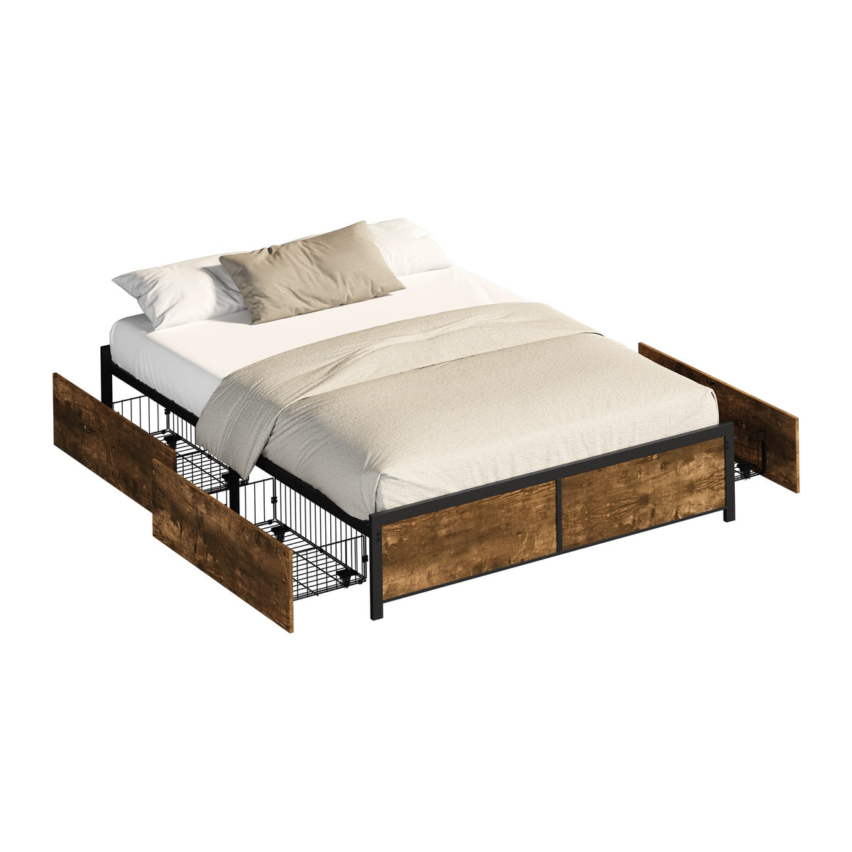 Oikiture Double Metal Bed Frame with 4 Storage Drawers Platform Bed Base