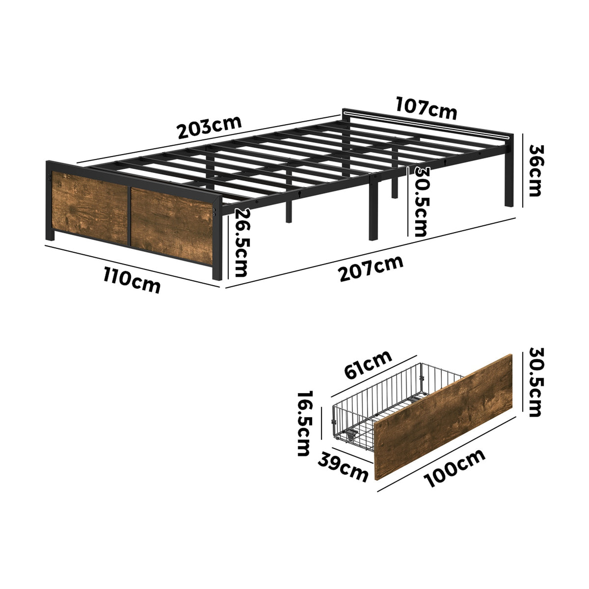 Oikiture King Single Metal Bed Frame with 2 Storage Drawers Platform Bed Base