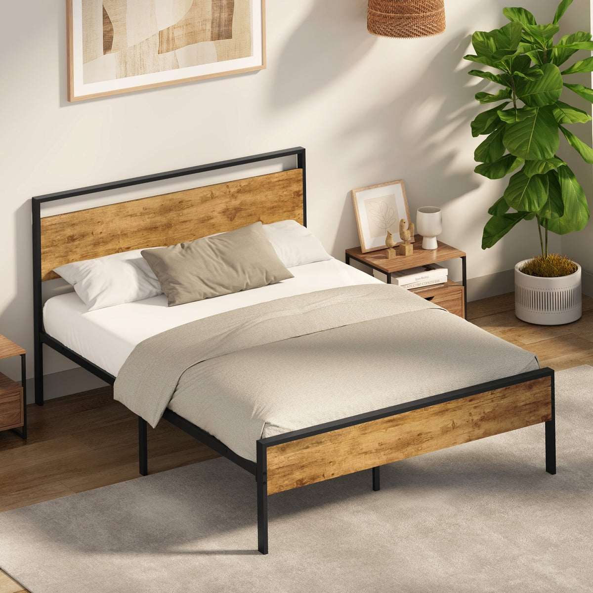 Oikiture Double Metal Bed Frame Industrial Platform Bed Base Natural