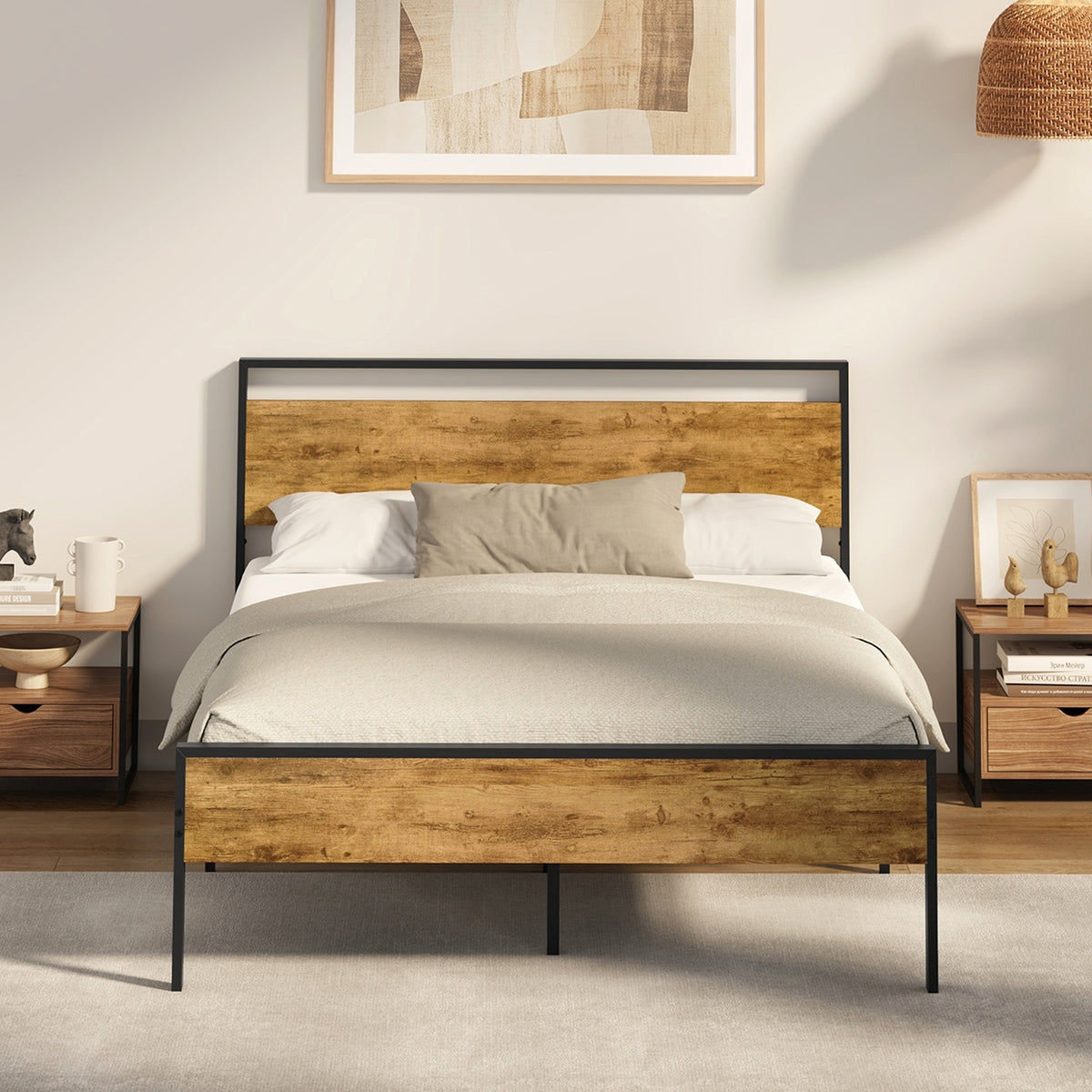 Oikiture Double Metal Bed Frame Industrial Platform Bed Base Natural