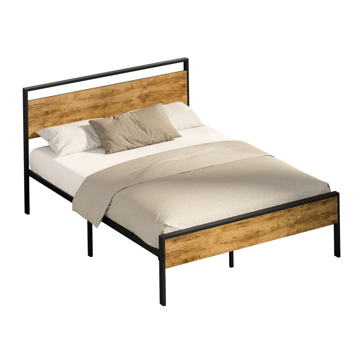 Oikiture Double Metal Bed Frame Industrial Platform Bed Base Natural