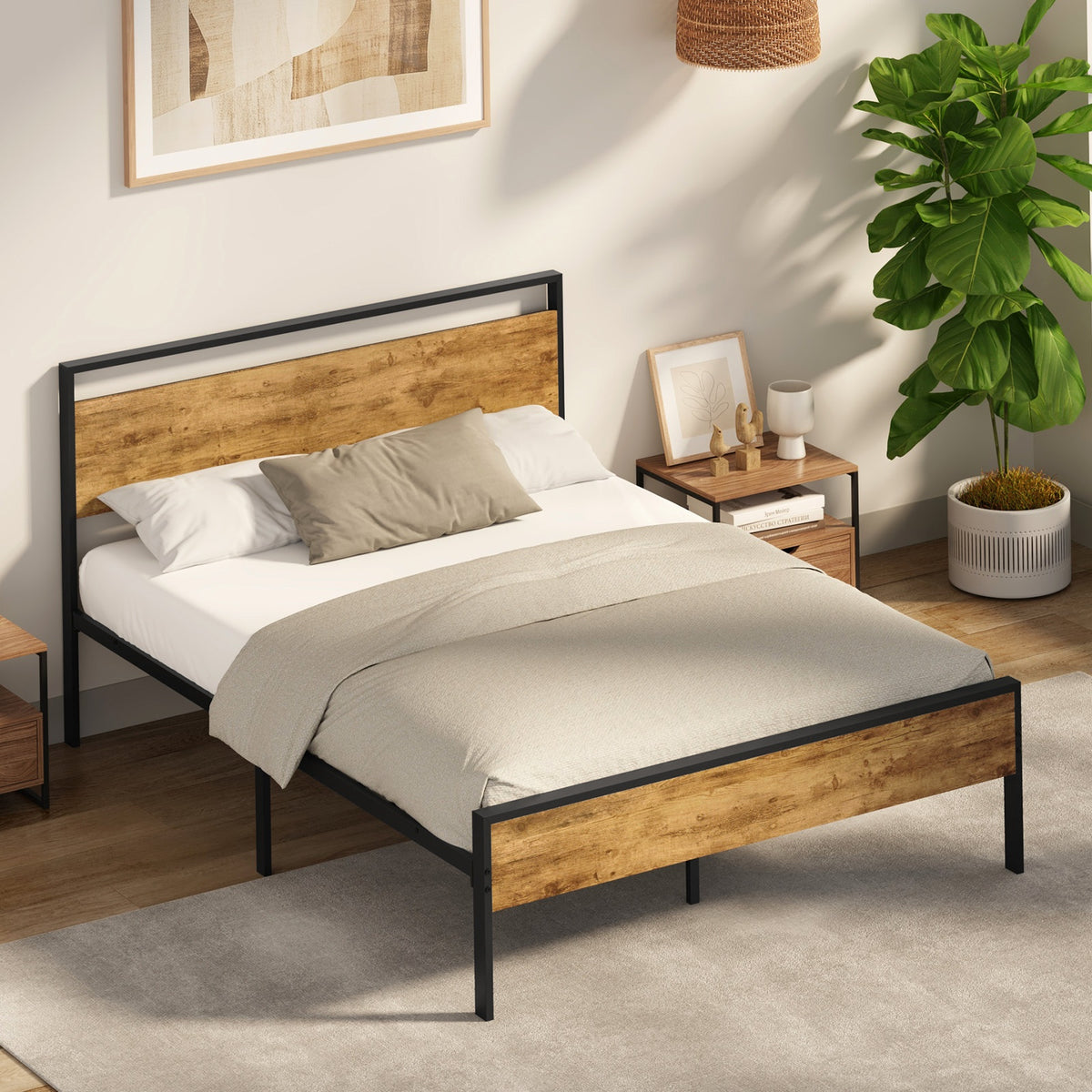 Oikiture King Metal Bed Frame Industrial Platform Bed Base Natural