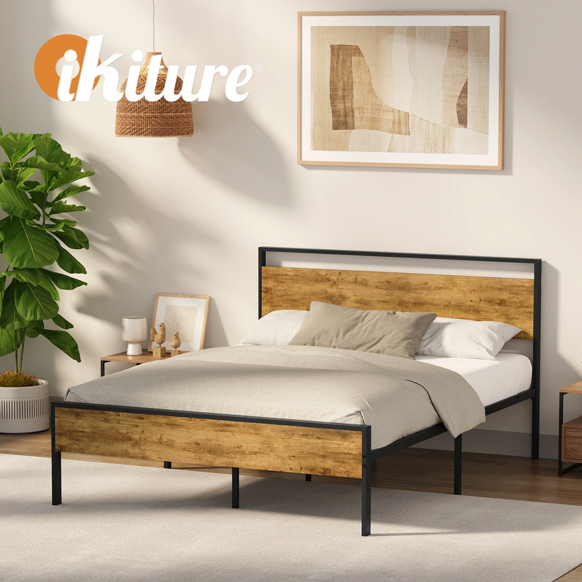 Oikiture King Metal Bed Frame Industrial Platform Bed Base Natural