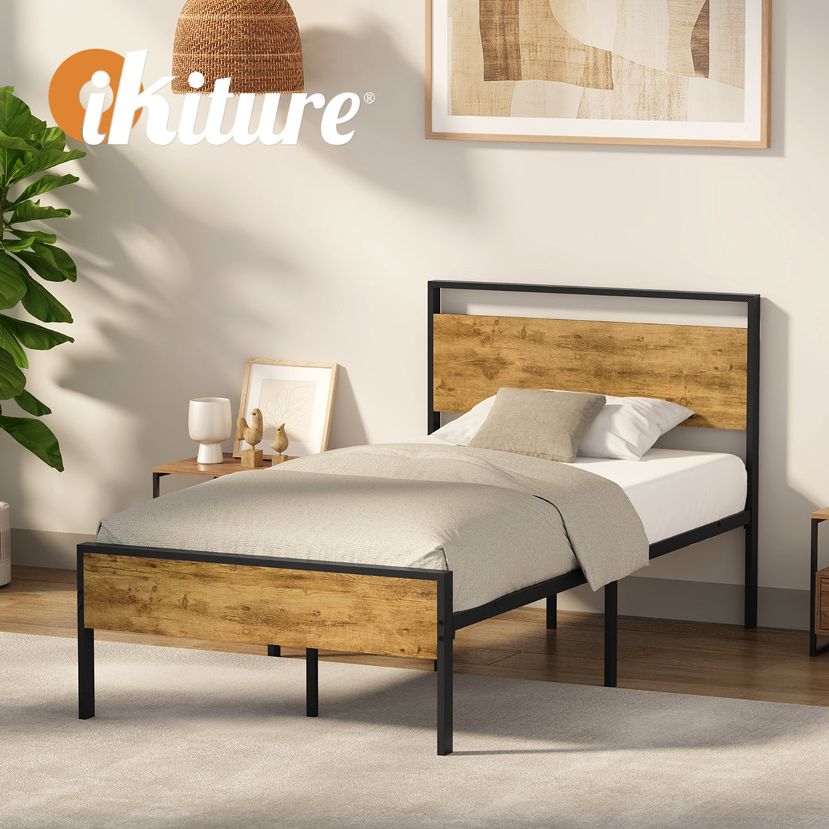 Oikiture King Single Metal Bed Frame Industrial Platform Bed Base Natural