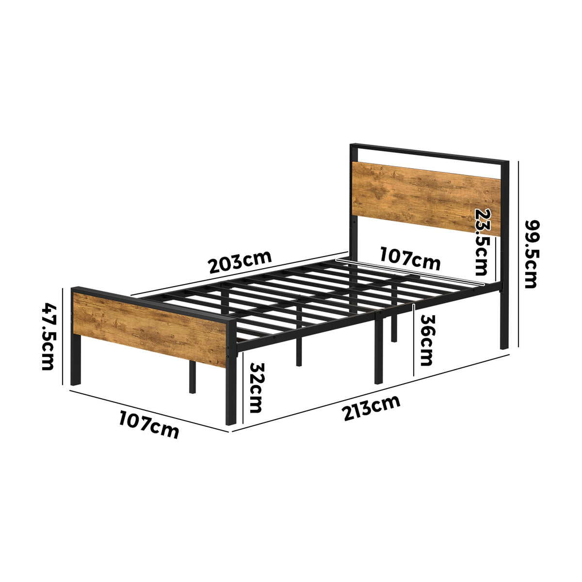 Oikiture King Single Metal Bed Frame Industrial Platform Bed Base Natural