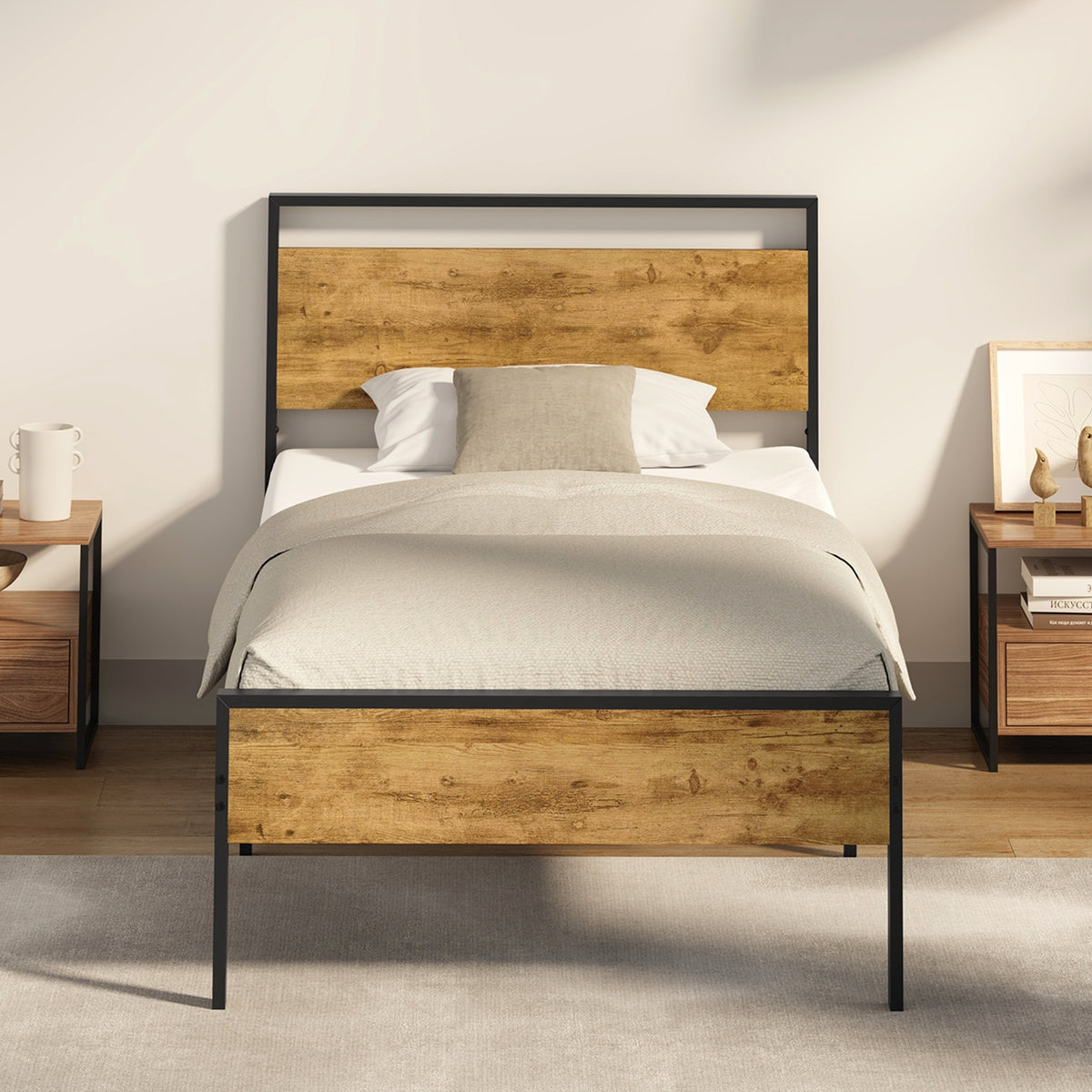 Oikiture Single Metal Bed Frame Industrial Platform Bed Base Natural