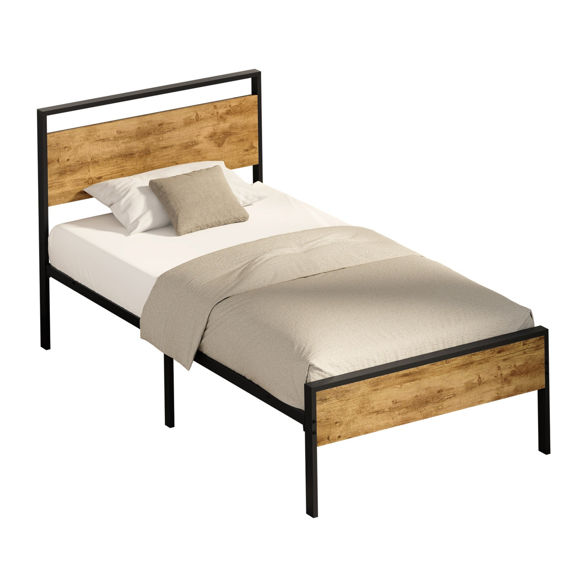 Oikiture Single Metal Bed Frame Industrial Platform Bed Base Natural
