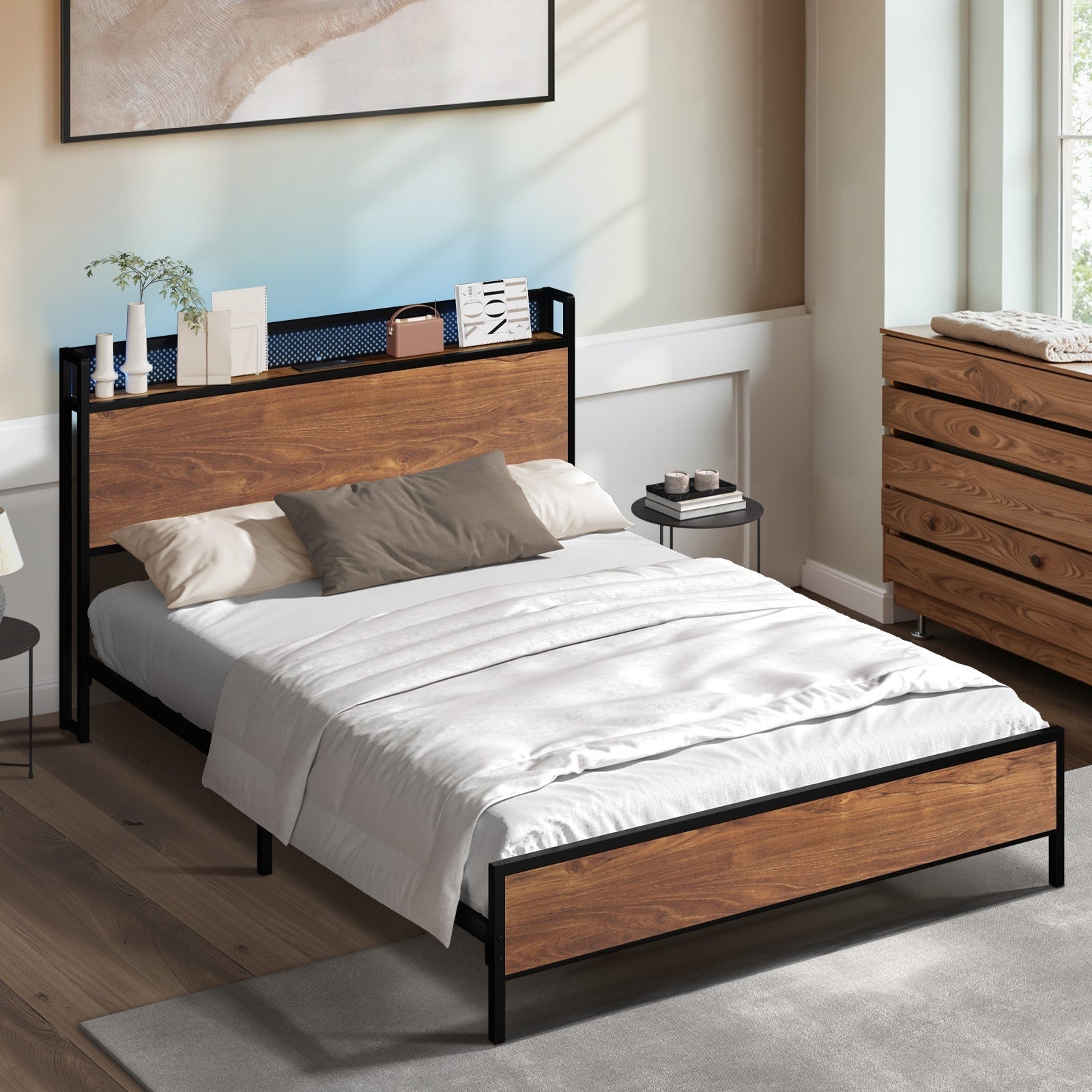 Oikiture Metal Bed Frame Double Size LED Light USB Charge Storage Headboard - Sunyee
