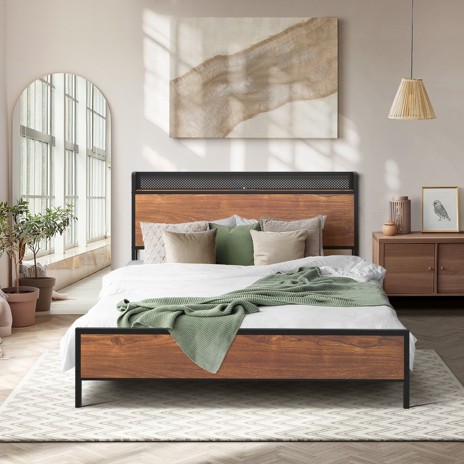 Oikiture Metal Bed Frame Double Size LED Light USB Charge Storage Headboard - Sunyee
