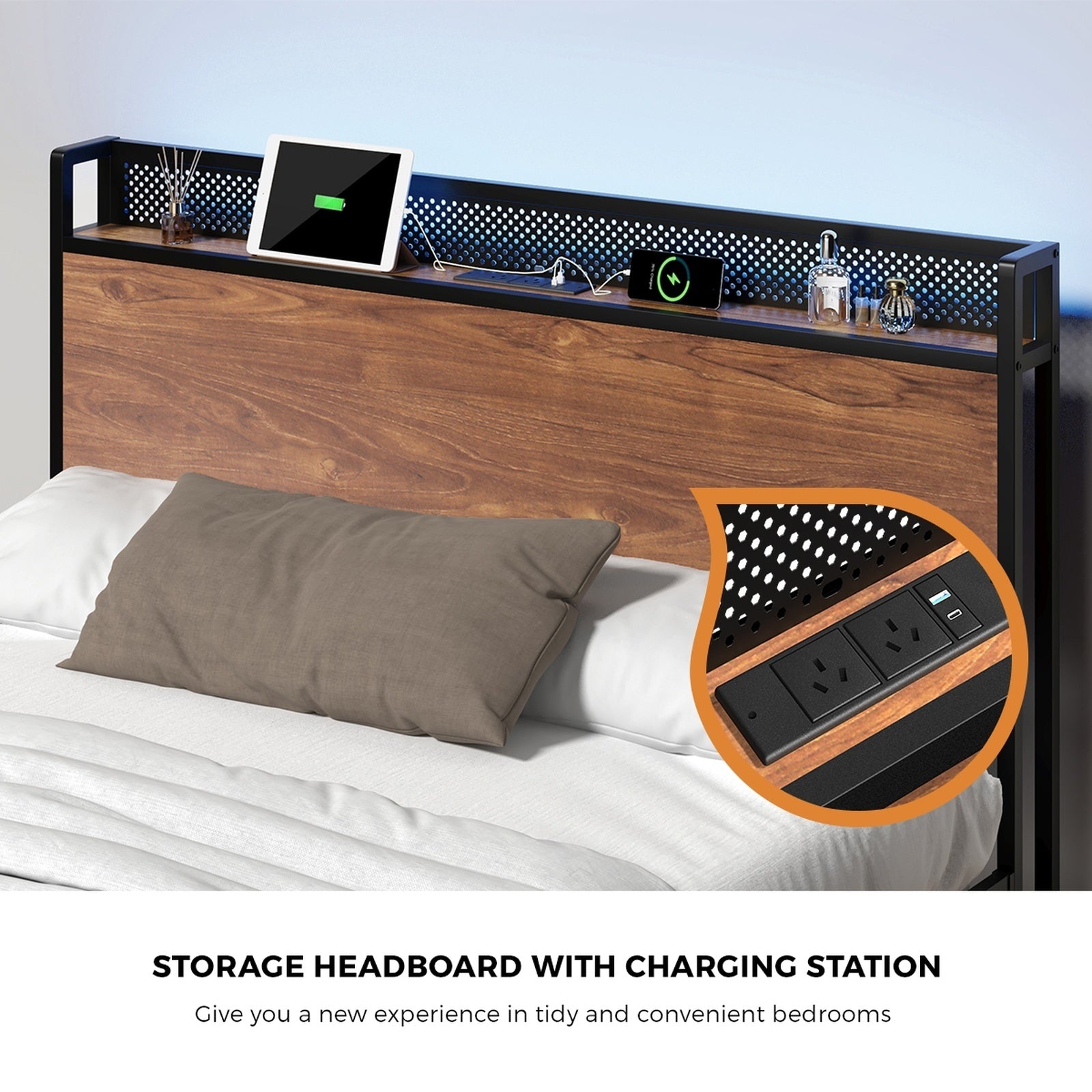 Oikiture Metal Bed Frame Double Size LED Light USB Charge Storage Headboard - Sunyee