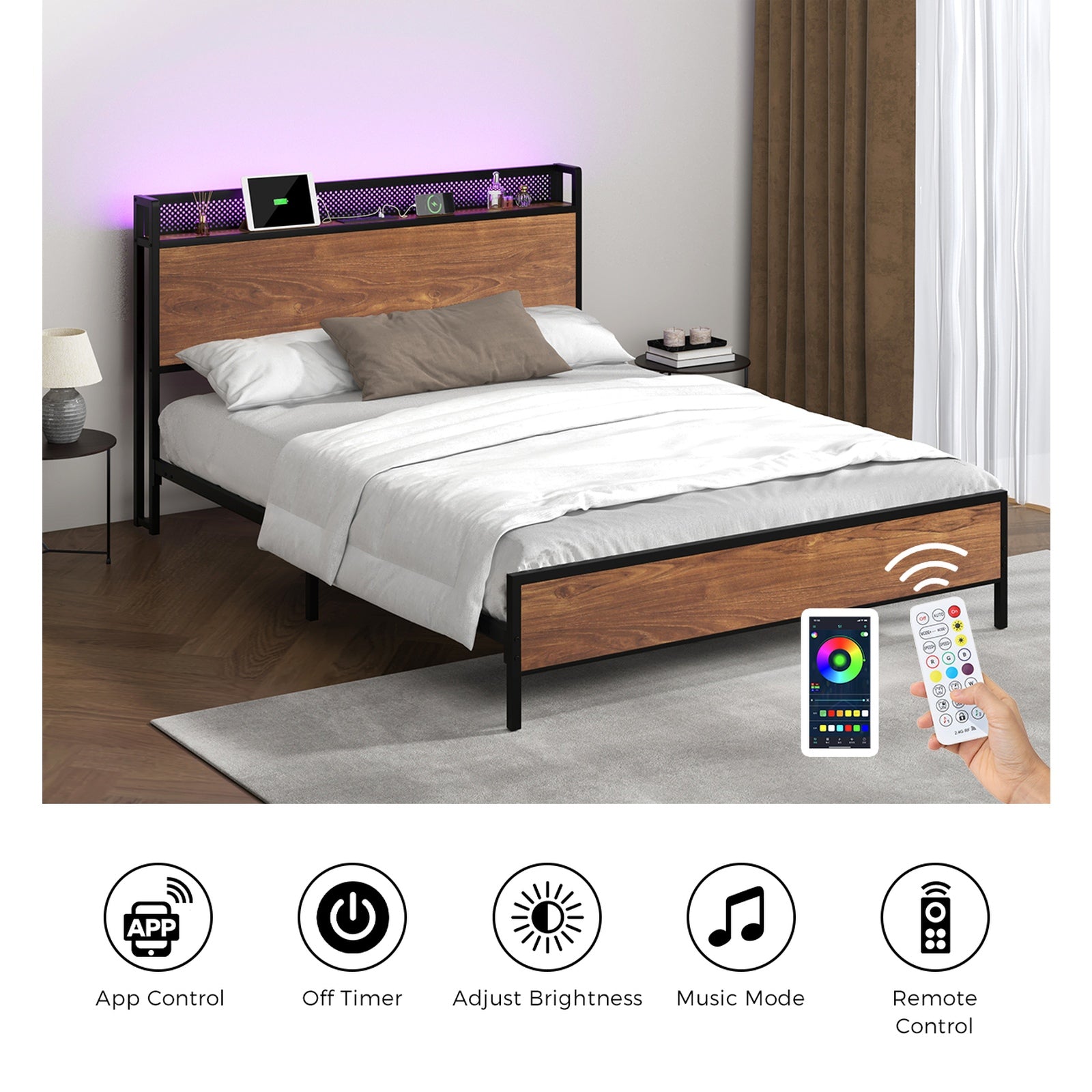 Oikiture Metal Bed Frame Double Size LED Light USB Charge Storage Headboard - Sunyee